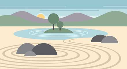 Zen Garden with Island and Rocks - A Serene Landscape Illustration.