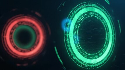 Futuristic digital interface featuring glowing circular elements in vibrant blue and green tones, highlighting advanced technology, data visualization, and sense of modernity and innovation - Powered by Adobe