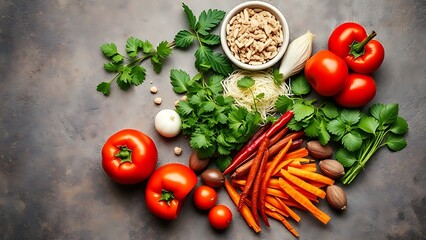 Fresh Asian ingredients are beautifully arranged on a stone surface, showcasing vibrant herbs and spices.