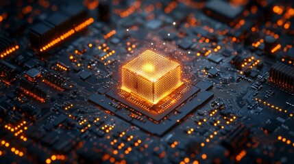 Glowing digital cube emerging from microchip surface with orange circuits and lights, artificial intelligence, innovation, data technology, computing power, future electronics digital transformation.