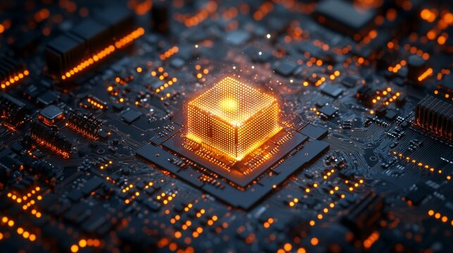 Glowing digital cube emerging from microchip surface with orange circuits and lights, artificial intelligence, innovation, data technology, computing power, future electronics digital transformation.