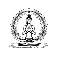 Serene depiction of woman in lotus position surrounded by foliage wreath enhances tranquil