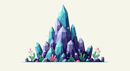 A cluster of vibrant blue and purple crystals growing from the ground with small plants.
