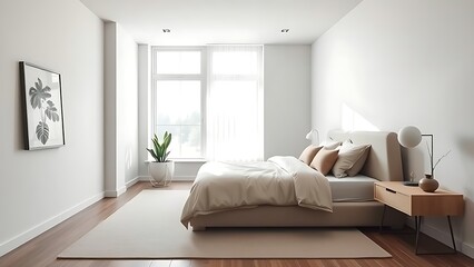 Obraz premium Modern bedroom interior with natural light, contemporary living space.