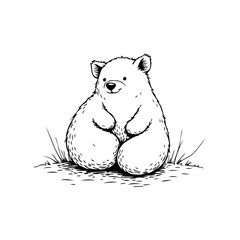 Simple ink drawing of a cute bear cub sitting on the ground on a white background isolated