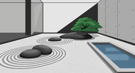 Zen Garden with Raked Sand and Smooth Stones.