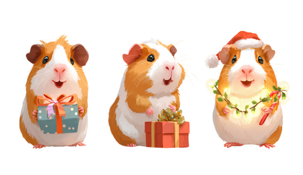 cute guinea pig with christmas gifts, cartoon vector illustration set isolated on a Transparent background PNG - Powered by Adobe