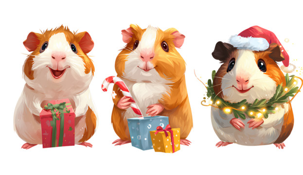 cute guinea pig with christmas gifts, cartoon vector illustration set isolated on a Transparent background PNG
