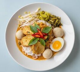 Thai rice noodles with fish curry, boiled egg, meatballs, pickled greens, and herbs—vibrant, aromatic, and beautifully plated