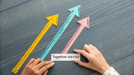 Colorful arrows symbolize growth and collaboration with the phrase Together We Rise on a wooden surface for motivational themes