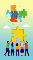 Teamwork Assembling Colorful Puzzle Pieces Together.