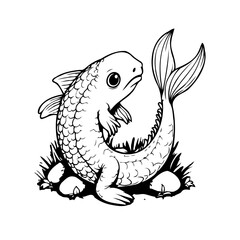Fototapeta premium Stylized aquatic illustration of a single goldfish with scales and fins in black outline simple art