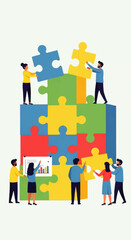 Teamwork Building a Colorful Puzzle Together.