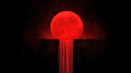A dramatic, red sun descends behind a textured, dark edge, its light cascading downwards in a powerful visual.