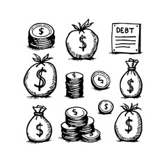 Stylized financial sketch portraying debts accumulation through money coins and bags conceptual