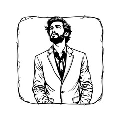 Stylized illustration of a confident man in a suit looking upwards with a contemplative expression