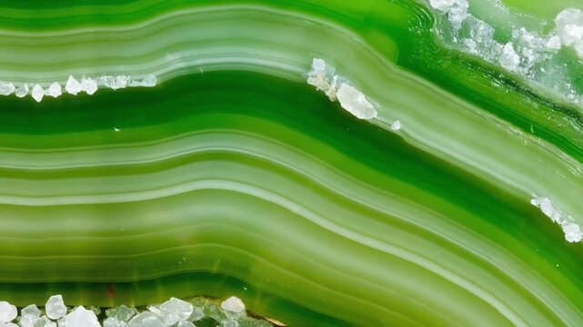 Macro shot of a green banded agate stone with crystalline formations and layered patterns visible textures patterns background video