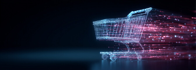 Abstract glowing shopping cart made of digital lines