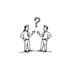 Two confused businessmen under a question mark, discussing solutions and searching for clarity,