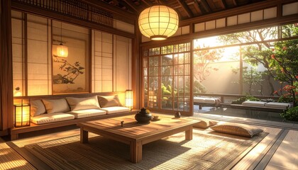 Fototapeta premium Sunlit Japanese Interior with Paper Lanterns Cushions and Garden View in the Morning Light