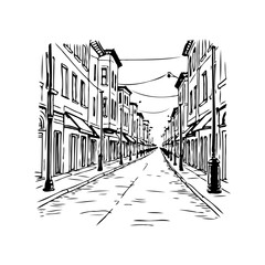Urban street scene hand drawn sketch depicting classic architecture in a vanishing point