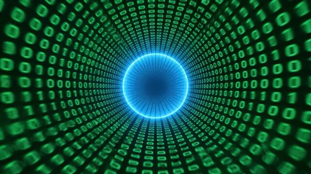 Digital tunnel featuring glowing blue binary code within green circle, showcasing advanced technology and data visualization in futuristic cyber environment
