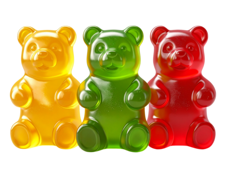 Colorful Gummy Bears Trio Yellow Green Red Candy Isolated on Transparent Background PNG