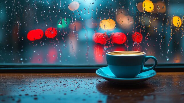 A steaming cup of coffee on a wooden table beside a rain-covered window with blurred city lights in the background, symbolizing coziness, relaxation, rainy weather, and peaceful moments of reflection. - Powered by Adobe
