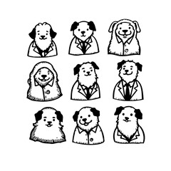 Whimsical canine characters: A collection of endearing dog illustrations dressed in suits and