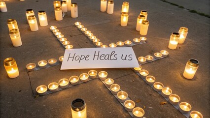 Candlelight Vigil for Hope and Healing with Message on Sign Surrounded by Illuminated Candles in Evening Setting