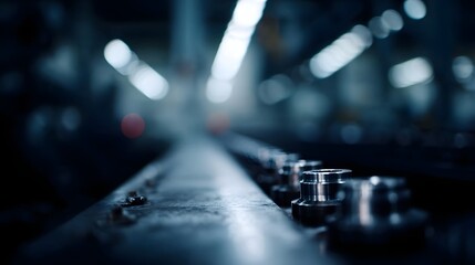 Obraz premium Industrial production line showcasing precise metallic components under cool ambient overhead lighting with a shallow depth of field