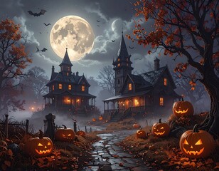 AI Generative A spooky Halloween night scene with jack-o'-lanterns lining a cobblestone path leading to haunted houses under a full moon.
