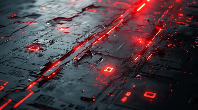 Futuristic red glowing digital circuit with neon lights and abstract technology pattern, symbolizing cyber network, high tech innovation, virtual infrastructure, and modern electronic connectivity.
