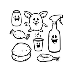 Whimsical cartoon collection featuring playful food items, cleaning supplies and a joyful animal
