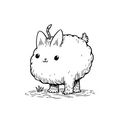 Whimsical creature illustration with fluffy body and small unicorn horn stands peacefully, a
