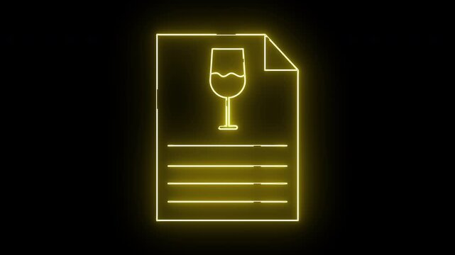 A neon lit icon of a document featuring a wine glass at the top and horizontal lines below