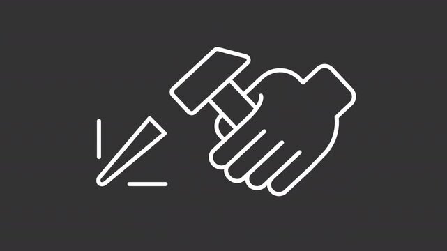 Animated hand with sculptor tools white line icon. Artist using hammer for art animation. Artwork carving process. Manual instruments. Isolated element on dark background. Alpha transparent video