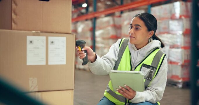 Woman, tablet and barcode scanner at warehouse for logistics, stock and label with inventory management. Person, tech and checklist with boxes, application and storage by shelf at distribution plant
