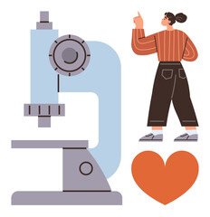 A microscope, heart symbol, and scientist gesturing thoughtfully. Ideal for science, research, education, innovation, biology healthcare and scientific passion. Simple flat metaphor