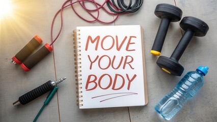 Motivational Fitness Layout with Dumbbells, Water Bottle, and Exercise Equipment on a Wooden Surface