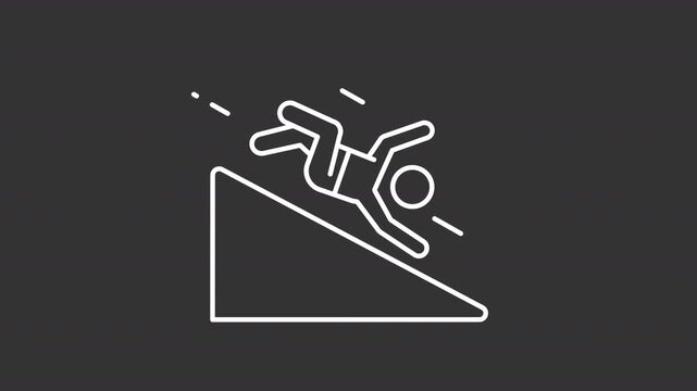 Animated person falling on slippery slope white line icon. Danger of accidents on icy surfaces animation. Warning to be careful. Isolated element on dark background. Alpha transparent video