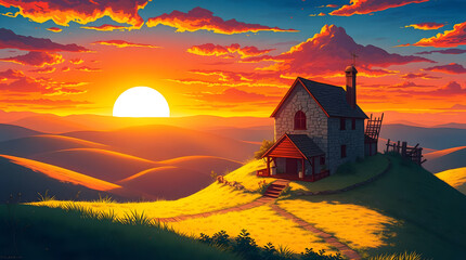 Vivid Cartoon Hillside House with Dramatic Sunset and Rolling Hills Landscape