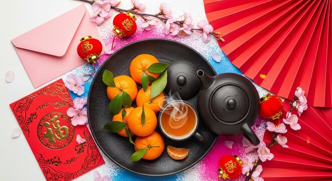 Chinese new year celebration with tea, oranges, and red decorations - Powered by Adobe