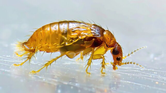 Flea, a small wingless insect, shown in detailed close-up on a piece of brown fur, representing the tiny parasite commonly found on pets like dogs and cats, with visible legs and body structure