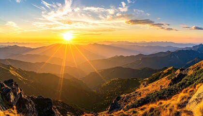 Sunlit Rolling Hills of Green Tea Plantations Under Bright Blue Sky with Golden Rays During Daylight Hours in Asia