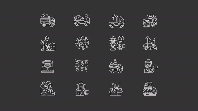 Animated winter services and fun white line icons. Christmas season activities animation set. Disaster handling. New Year celebration. Isolated elements on dark background. Alpha channel HD video