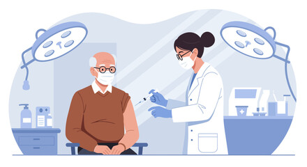 This flat design illustration shows an elderly man receiving a flu vaccination from a healthcare professional, emphasizing the importance of preventive health measures for seniors.