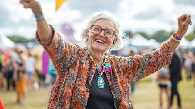 Happy senior woman dancing and enjoying music festival outdoors