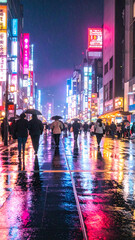 雨の夜の繁華街、ネオンが濡れた路面に輝く都会の夜景と傘をさして歩く人々の風景