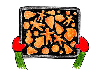 Hand drawn illustration of fresh baked Christmas cookies on baking tray, created with colored pencils. Gingerbread cookies in the shape of men, houses, snowmen, Christmas trees. Hands in red mittens.